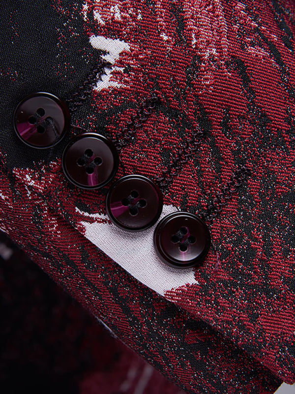 Burgundy and black patterned blazer sleeve with buttons, nylon polyamide, lapel collar