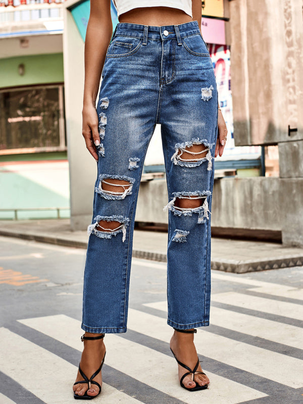 All-match washed ripped straight-leg denim cropped pants - Blue / S