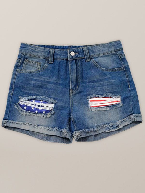 American flag patch skinny denim shorts - Clear blue / S