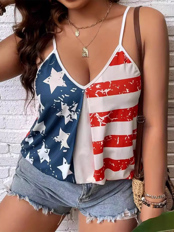 American Independence Day Flag Digital Print Off-The-Shoulder Tank Top - Blue / S
