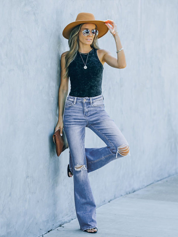 American style bootcut women’s jeans high waist slimming ripped jeans