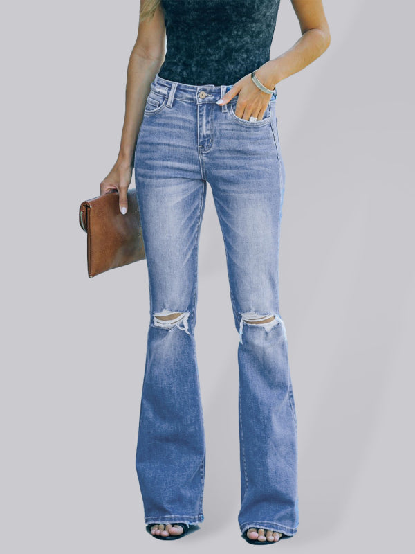 American style bootcut women’s jeans high waist slimming ripped jeans - Blue / S