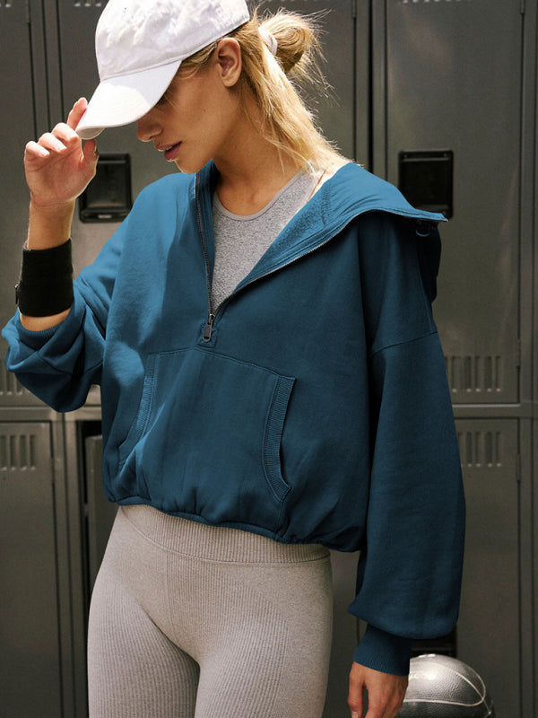 Athletic hoodie drawstring long sleeve top half zip - Blue / S