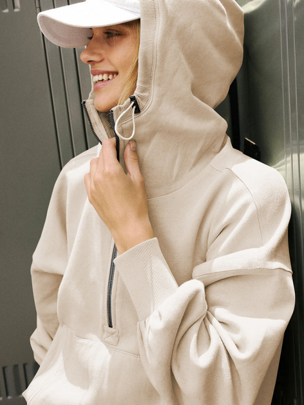 Athletic hoodie drawstring long sleeve top half zip - Cracker khaki / S