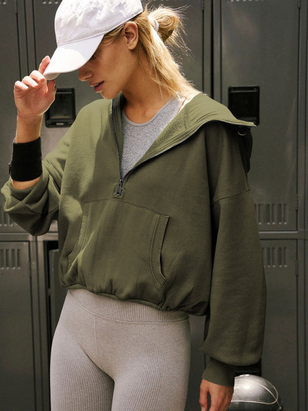 Athletic hoodie drawstring long sleeve top half zip - Green / S