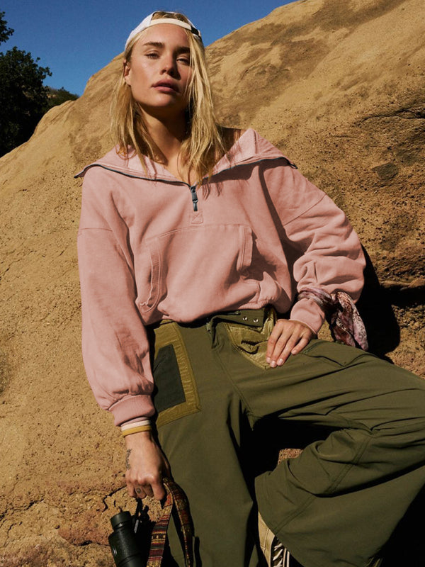 Athletic hoodie drawstring long sleeve top half zip - Pink / S