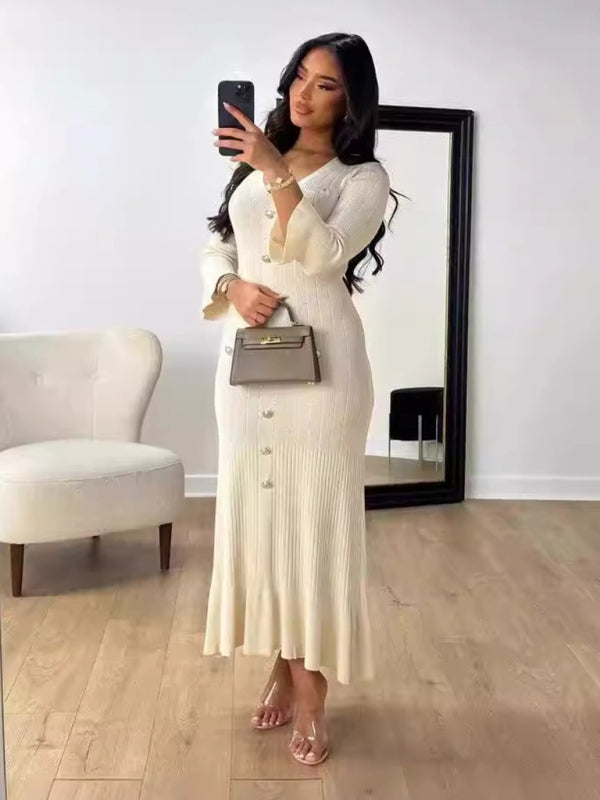 Autumn and winter fashion long slim fit knitted long-sleeved dress - White / S
