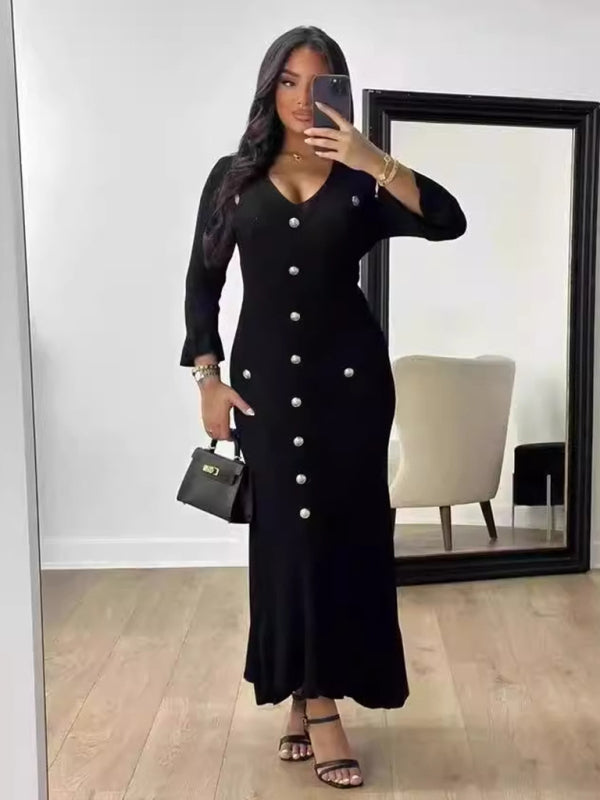 Autumn and winter fashion long slim fit knitted long-sleeved dress - Black / S