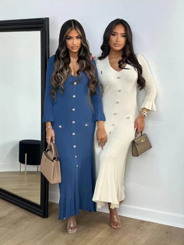 Autumn and winter fashion long slim fit knitted long-sleeved dress - Blue / S