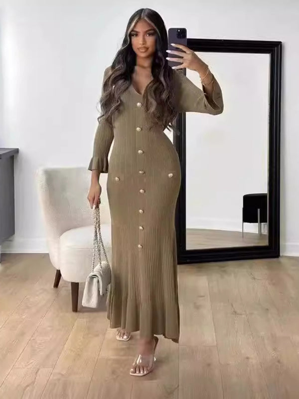 Autumn and winter fashion long slim fit knitted long-sleeved dress - Dark Brown / S