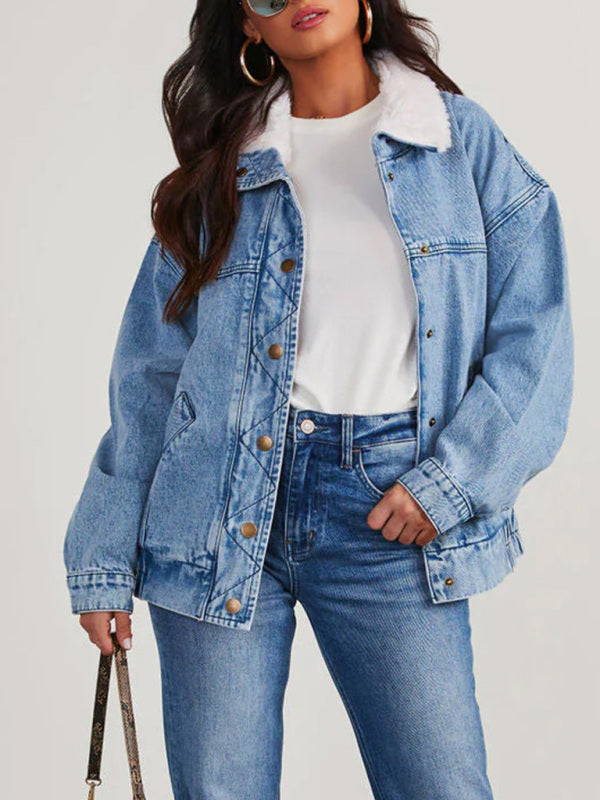 Autumn and Winter Jacket Denim Cotton Loose Fur Collar Large Lapel Double Pocket Quilted Jacket - Denim Blue / S