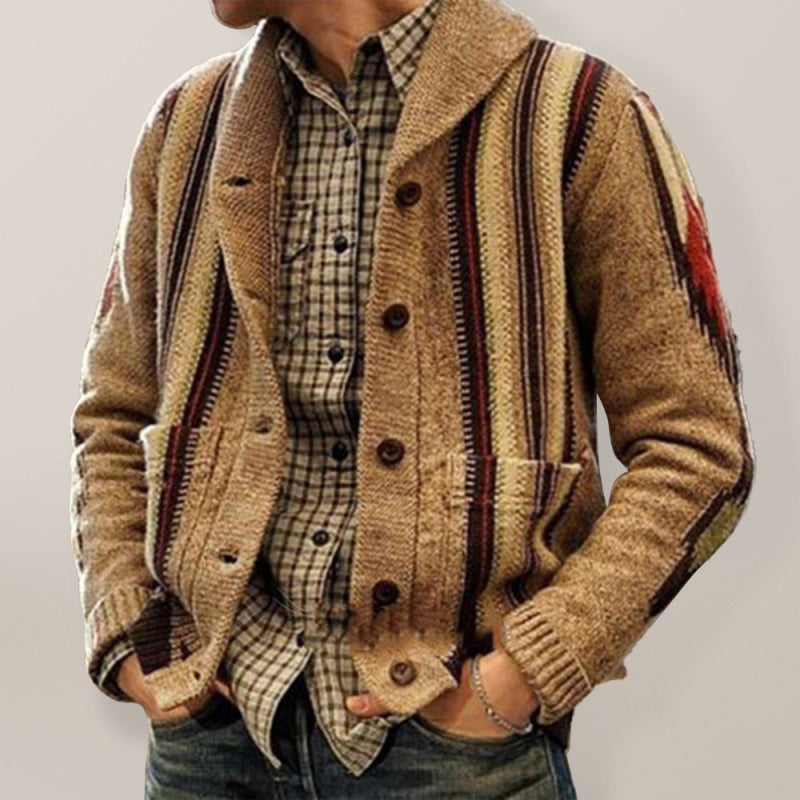 Autumn and winter long sleeve jacquard sweater lapel outer wear sweater jacket men - Khaki / S