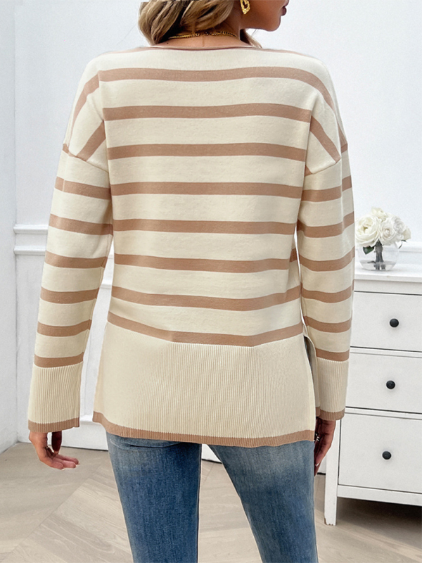 Autumn and winter women’s loose contrast color v-neck long-sleeved sweater
