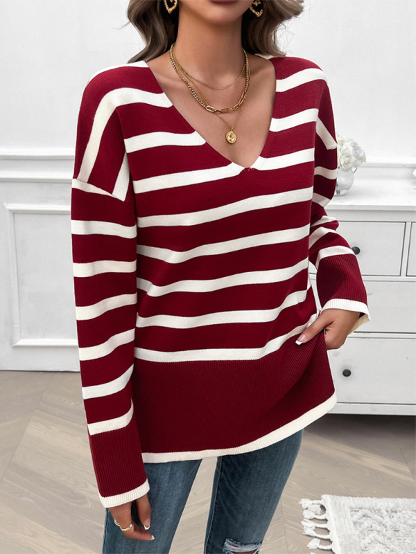 Autumn and winter women’s loose contrast color v-neck long-sleeved sweater