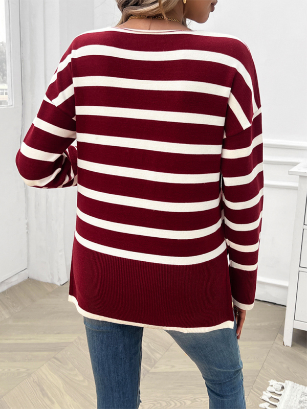 Autumn and winter women’s loose contrast color v-neck long-sleeved sweater