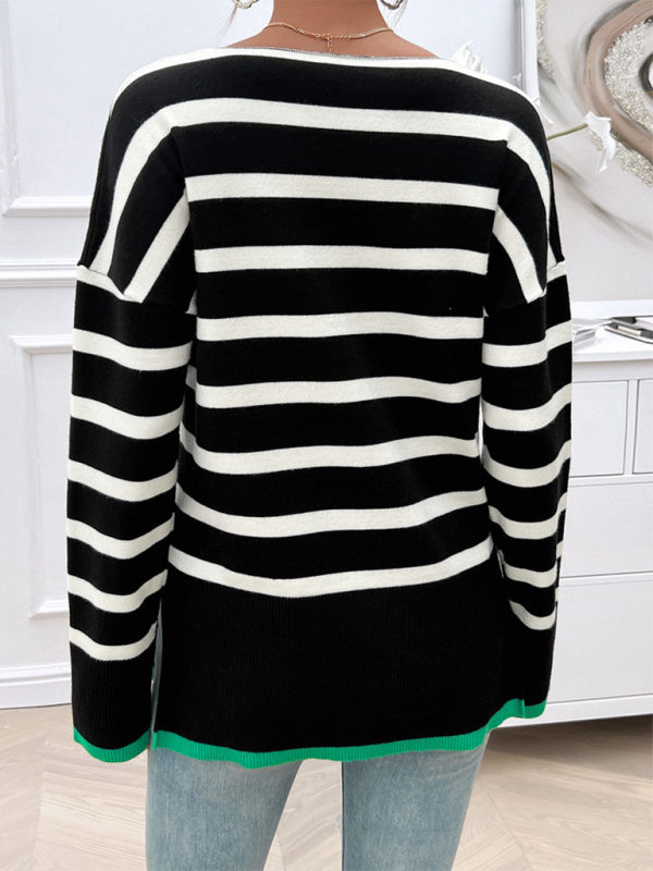 Autumn and winter women’s loose contrast color v-neck long-sleeved sweater