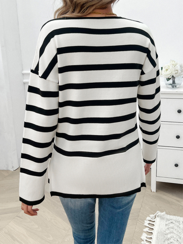 Autumn and winter women’s loose contrast color v-neck long-sleeved sweater