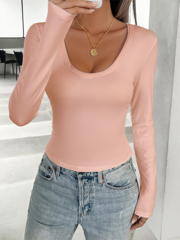 Autumn and Winter Y2K Women’s Slim Fit Solid Color U-neck Long Sleeve T-shirt