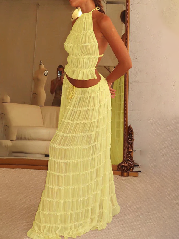 Backless lace-up halter top set and two-piece chiffon pleated long skirt with earrings - Yellow / S