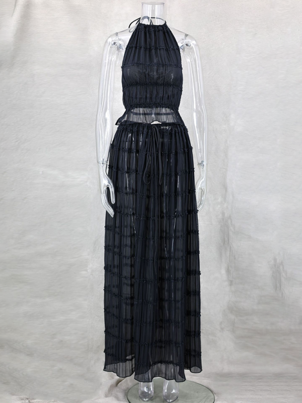 Backless lace-up halter top set and two-piece chiffon pleated long skirt with earrings - Black / S