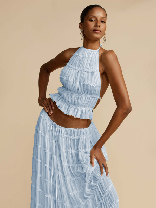 Backless lace-up halter top set and two-piece chiffon pleated long skirt with earrings - Blue / S