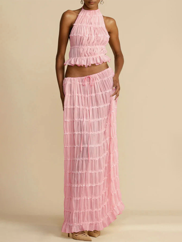 Backless lace-up halter top set and two-piece chiffon pleated long skirt with earrings - Pink / S