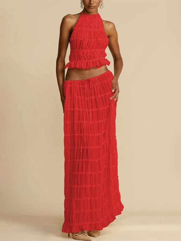 Backless lace-up halter top set and two-piece chiffon pleated long skirt with earrings - Red / S