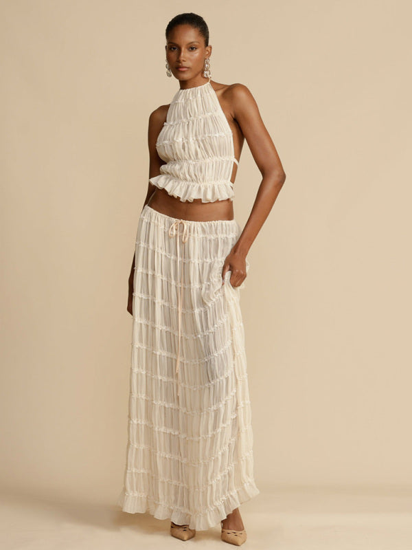 Backless lace-up halter top set and two-piece chiffon pleated long skirt with earrings - White / S