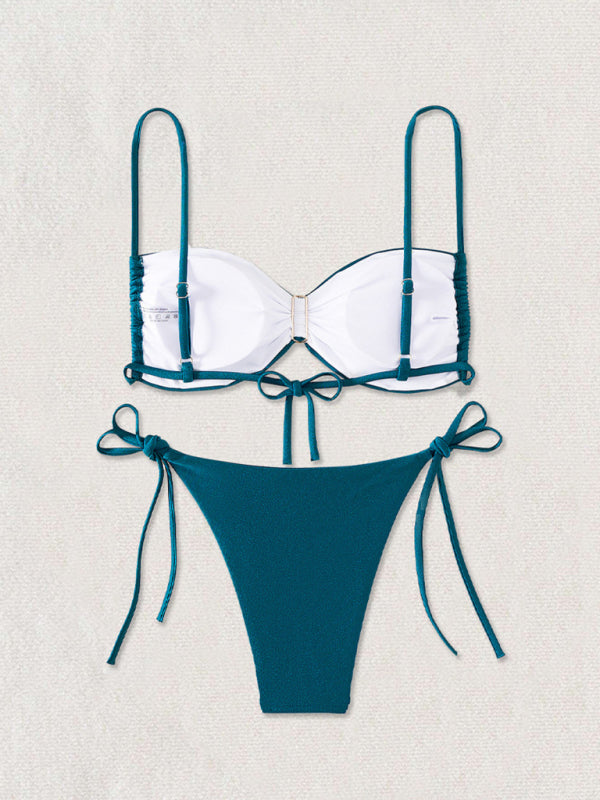 Teal two-piece swimsuit displayed in Backless Metal Pin Bikini product image