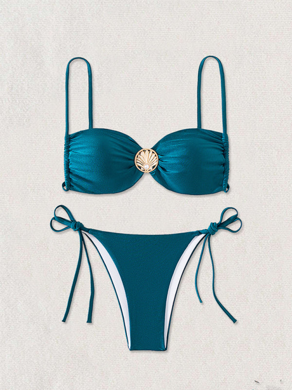 Teal two-piece swimsuit displayed in the Backless Metal Pin Bikini product image