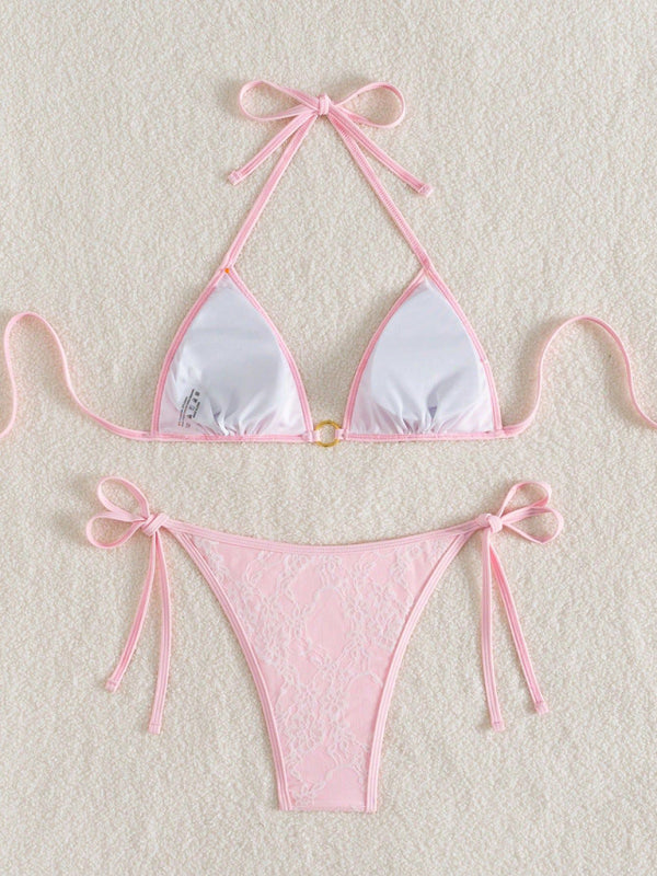 Pink lace bikini from Backless white lace and pink bikini with size chart displayed