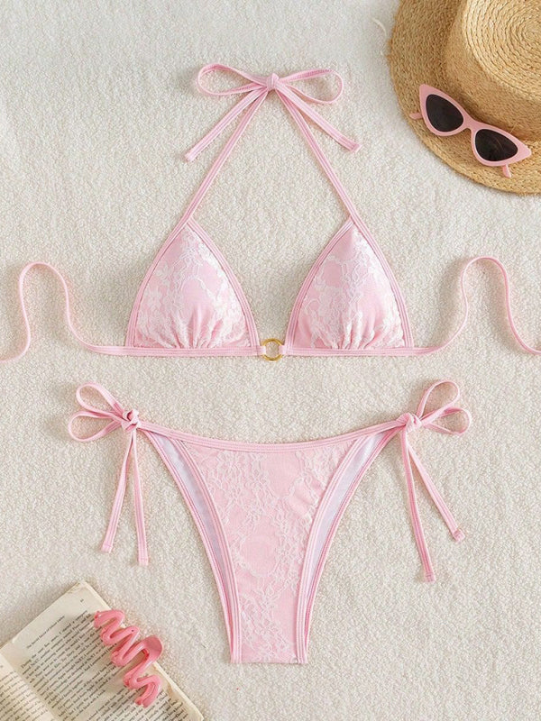 Pink tie-side bikini from Backless White Lace and Pink Bikini collection, see size chart
