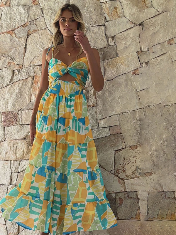 Woman wearing a colorful patterned sundress from the Beach Holiday Long Dress collection