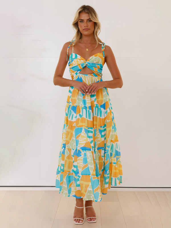 Colorful patterned summer dress from Beach Holiday Long Dress Sexy Hot Girl Suspender Dress