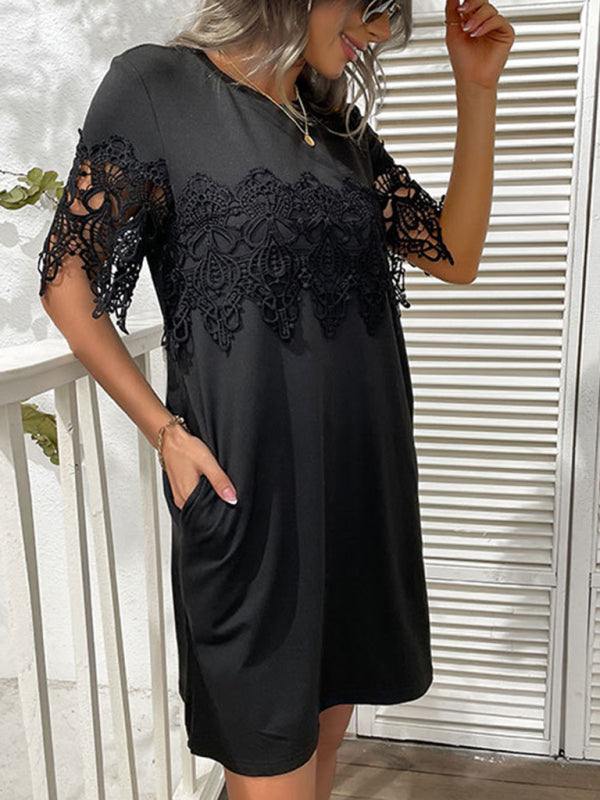 Black lace-trimmed polyester sleeve dress from Beauty Short Sleeve T-Shirt Dress collection