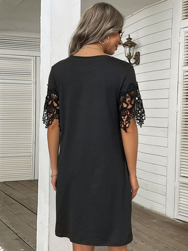 Black dress with lace sleeves from Beauty Short Sleeve T-Shirt Dress featuring polyester sleeves