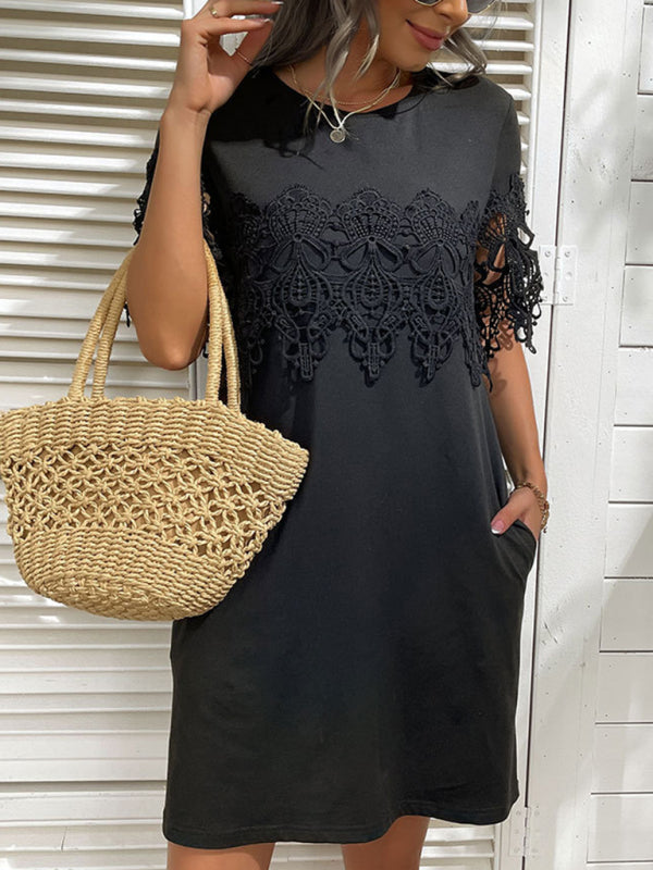 Beauty Short Sleeve T-Shirt Dress featuring black lace accents and polyester sleeve