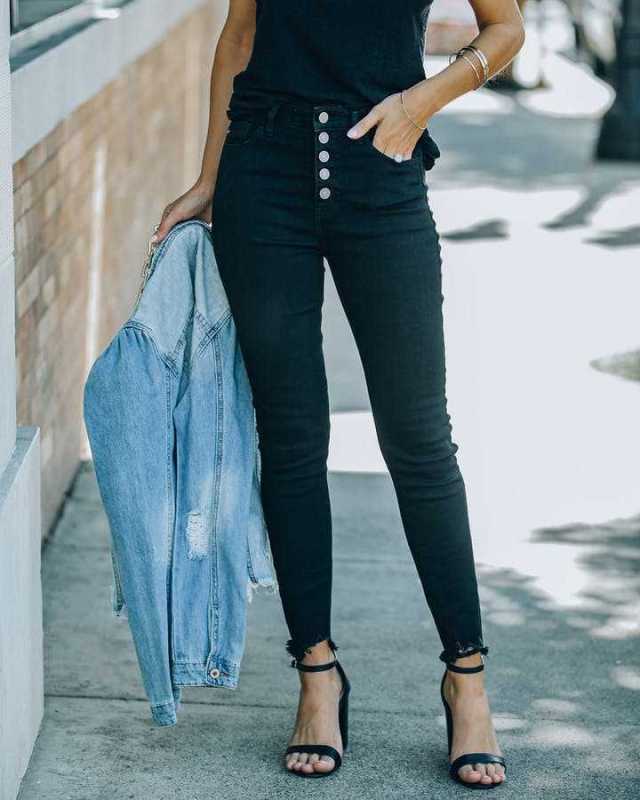Black all-match denim elastic pencil pants boot pants - Black / S