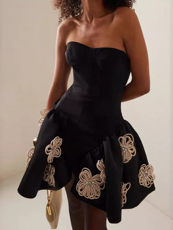 Black Floral Bandage Dress with Tutu Tutu - Black / XS