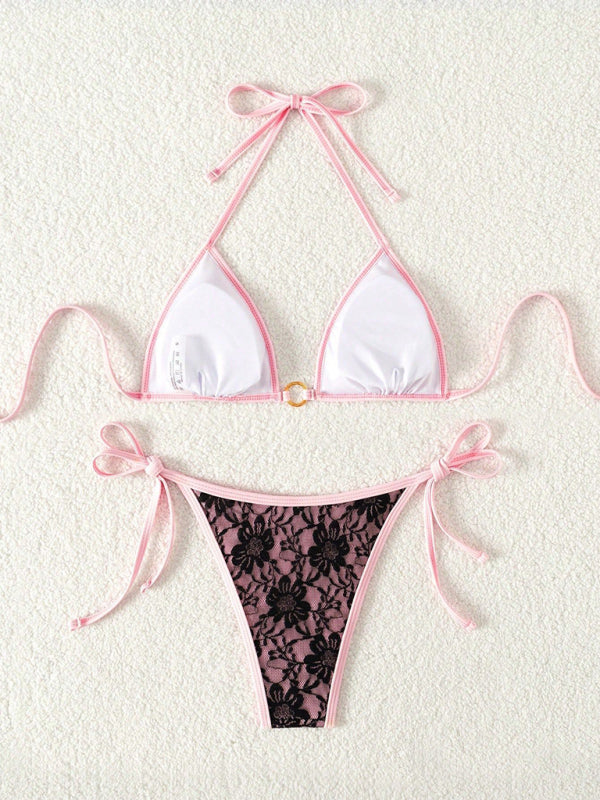 Pink and black floral lace bikini with high elasticity, perfect for all sizes