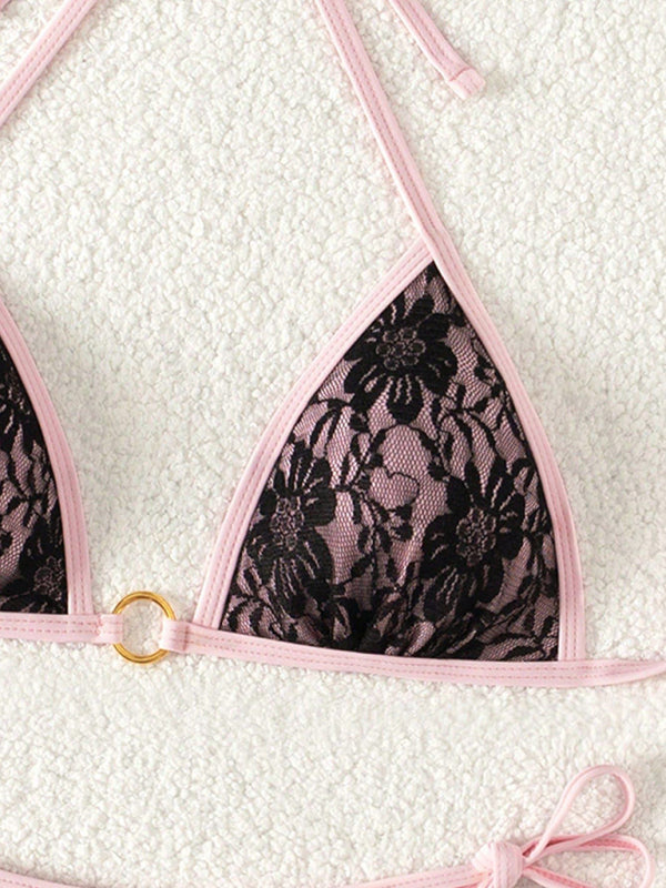 Pink and black lace bikini top with high elasticity from Black Lace and Pink Backless Bikini