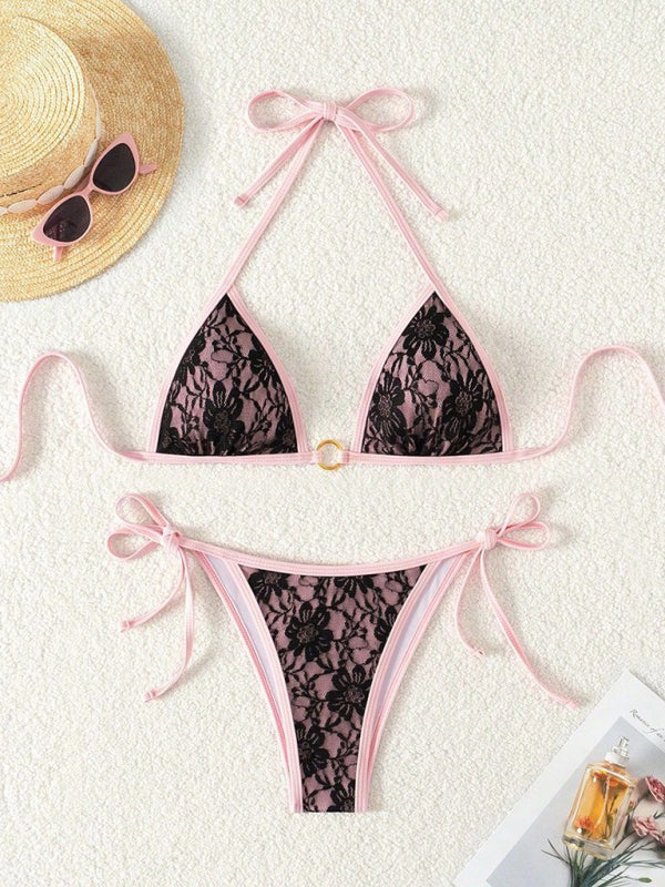 Pink and black lace backless bikini with high elasticity and size chart details