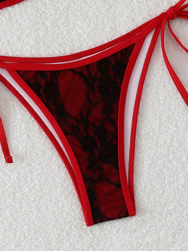 Red and black lace bikini bottom from Black Lace and Red Backless Bikini product