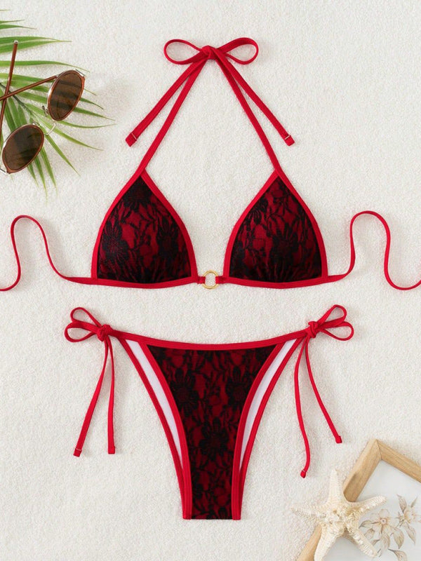 Red and black lace backless bikini displayed in the product Black lace and red backless bikini