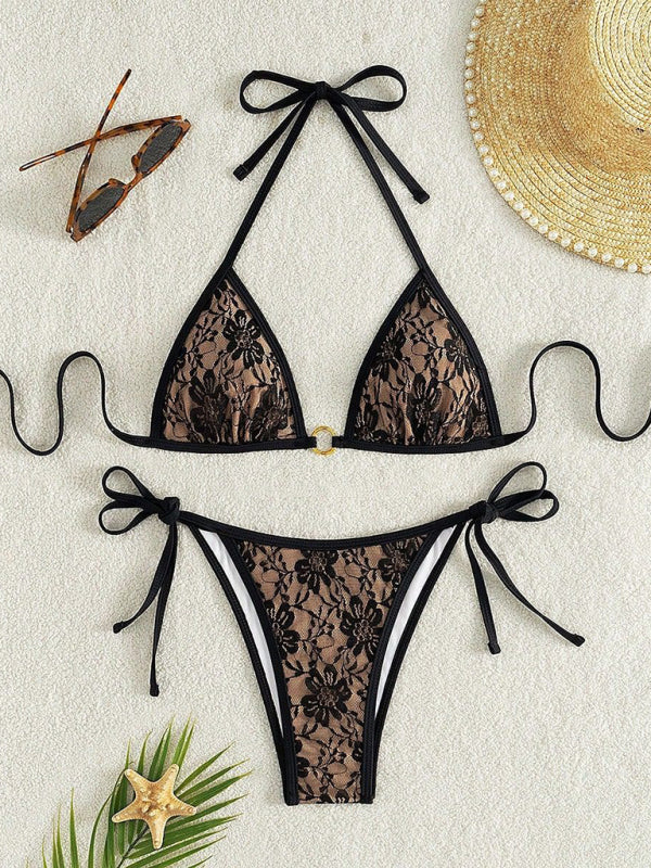 Black lace halter top with floral pattern and nude bikini - Black / S