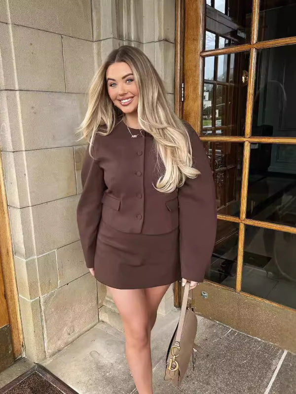 Blazer and Mini Skirt Set - Brown / XS