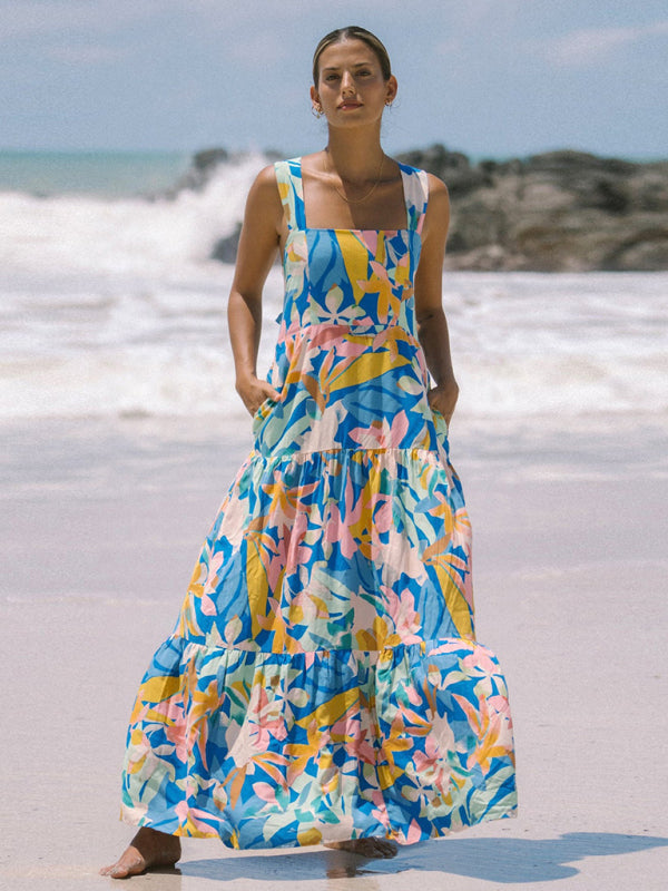 Blue and pink floral print bohemian holiday style beach dress loose suspender dress - Spearmint viridis / S