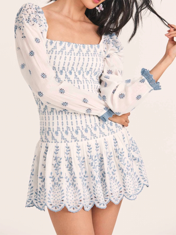 Blue and White Porcelain Embroidered Bodycon Dress - Blue / S
