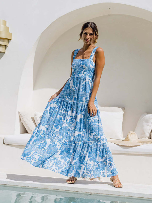 Blue floral print bohemian holiday beach dress loose suspender dress - Blue / S