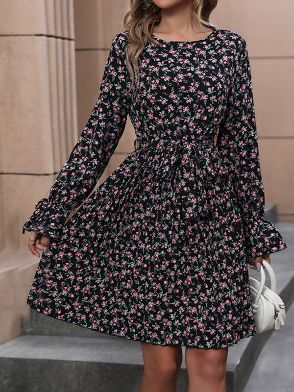 Bohemian Floral Print Long Sleeve Dress - Black / S